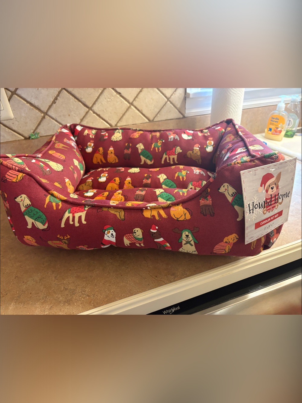 Holiday Dog Bed with Festive Pup Print - Burgundy. BNWT